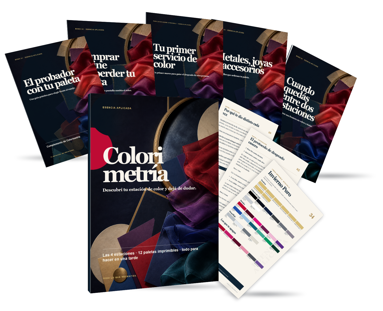 Pack completo de Colorimetría con el manual principal, los 5 bonos y tres páginas reales del interior