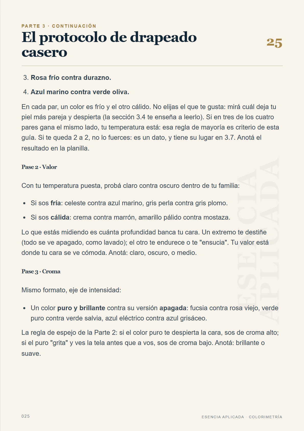 Página 25 del manual principal: el protocolo de drapeado casero, pases de temperatura, valor y croma